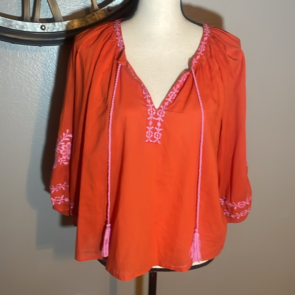 NICOLE MILLER Artelier Peasant Embroidered Orange Women's Top